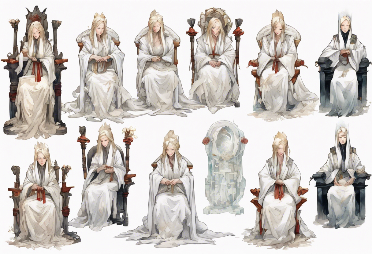 medieval Cate Blanchett dressed in white robes, sitting on a throne, weeping tattoo idea