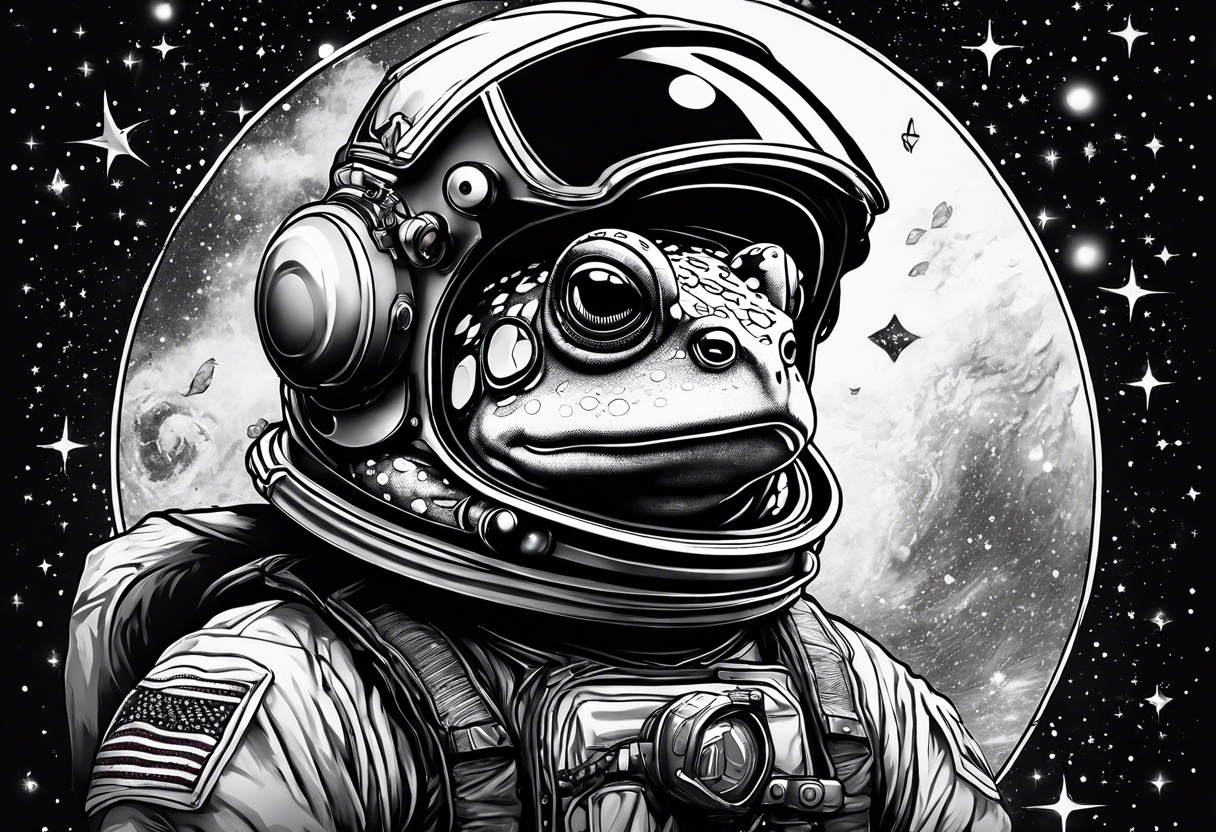 Toad with astronaut helmet looking at galaxy tattoo idea