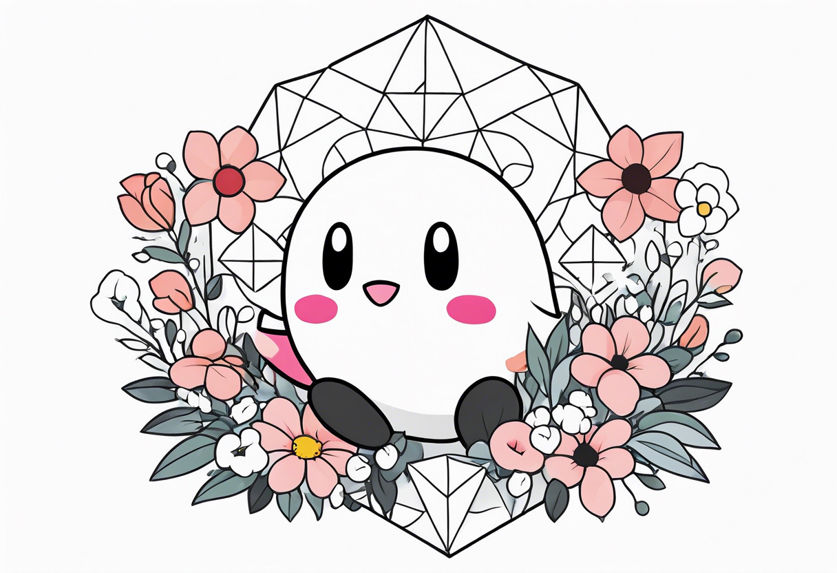 kirby in a bed of flowers holding a crystal above tattoo idea