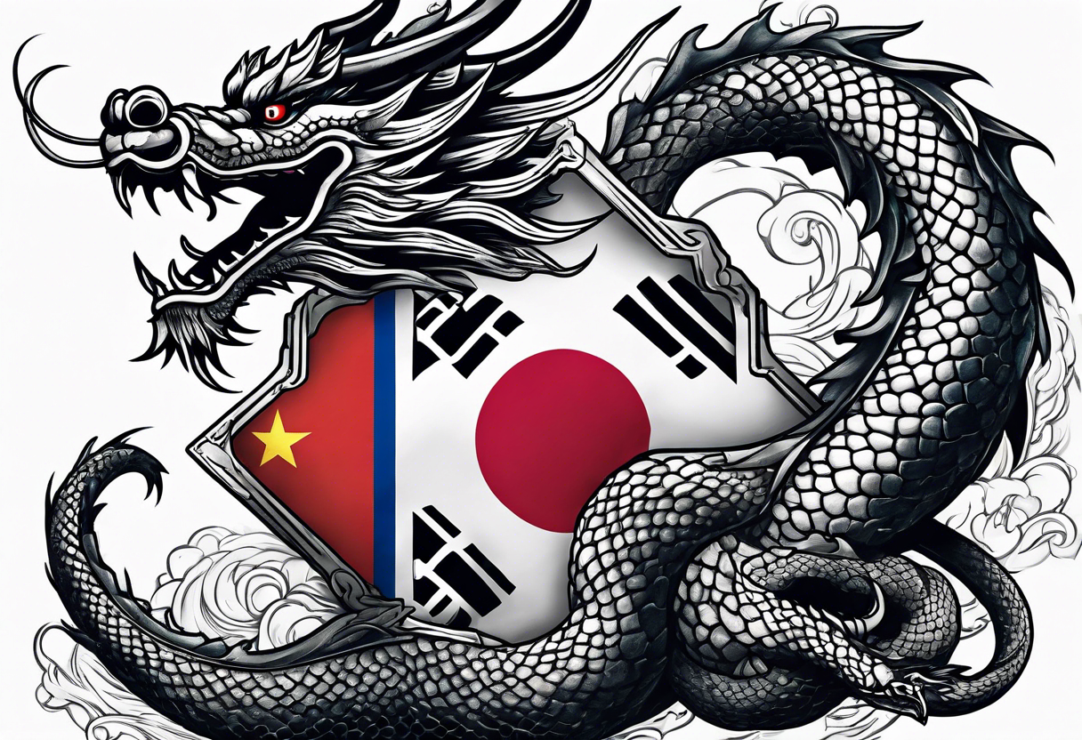 Asian dragon coiling around an anchor with the Korean flag in the background tattoo idea