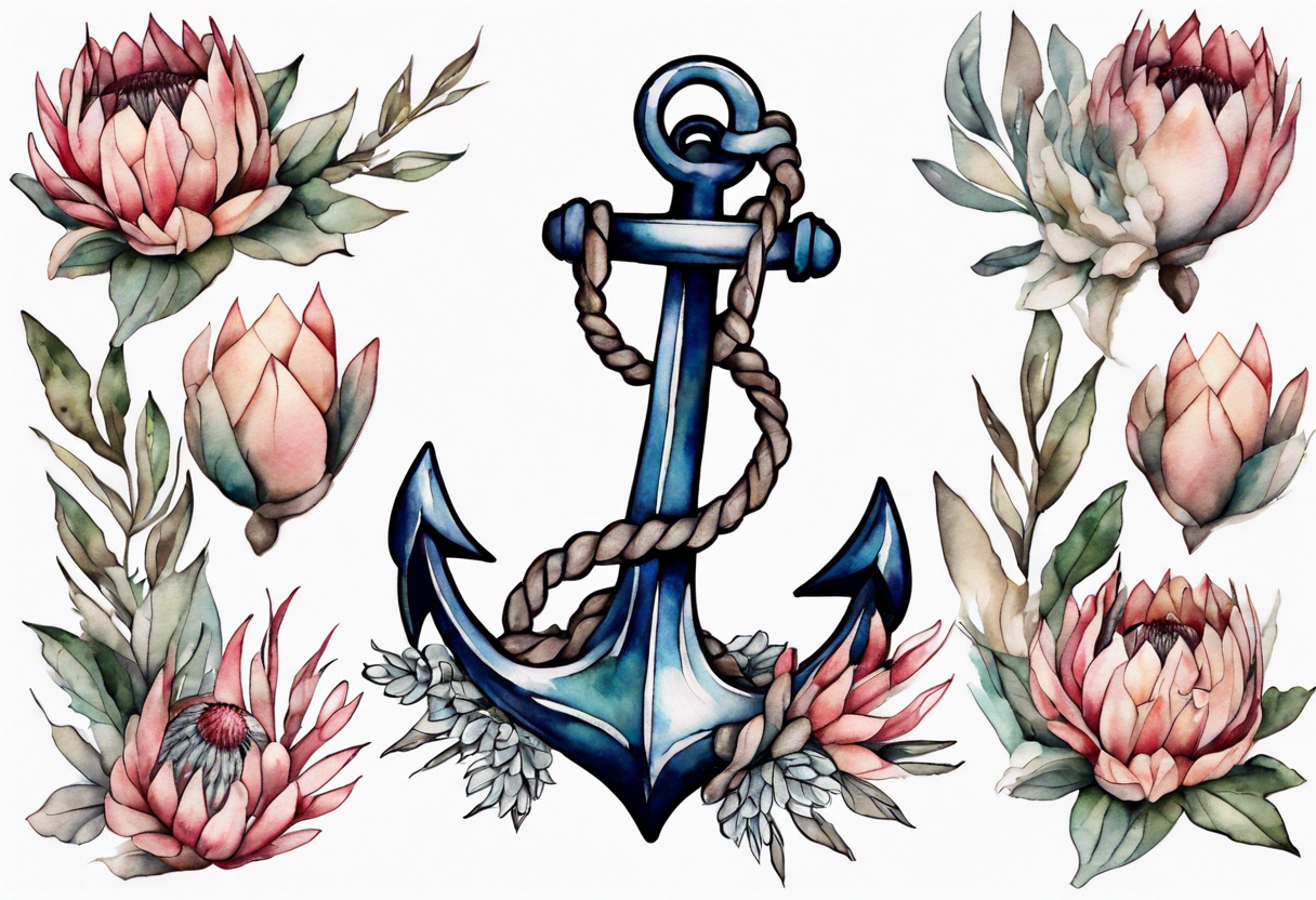 Very feminine tattoo of an anchor with protea flowers tattoo idea