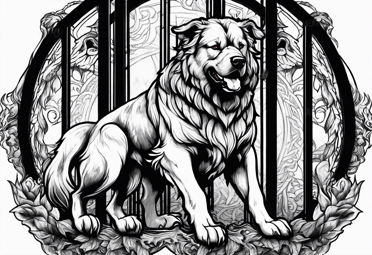 Cerberus standing in fire with a black gate behind tattoo idea