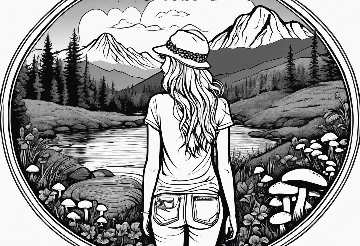 Straight long blonde hair hippie girl in distance holding mushrooms in hand facing away toward mountains and creek surrounded by mushrooms tee shirt and hiking pants; whole rendering within a circle tattoo idea