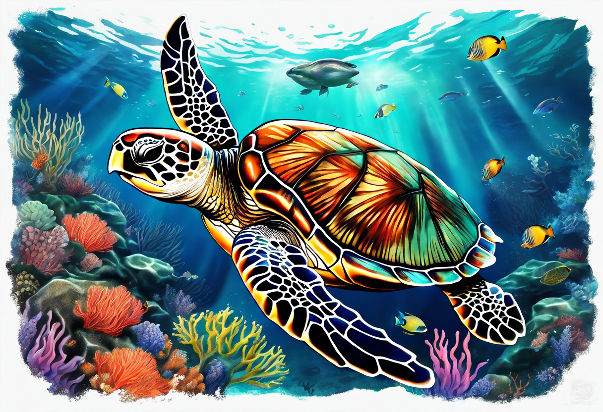 large sea turtle with the back right fin in lower left corner surrounded by coral and kelp tattoo idea