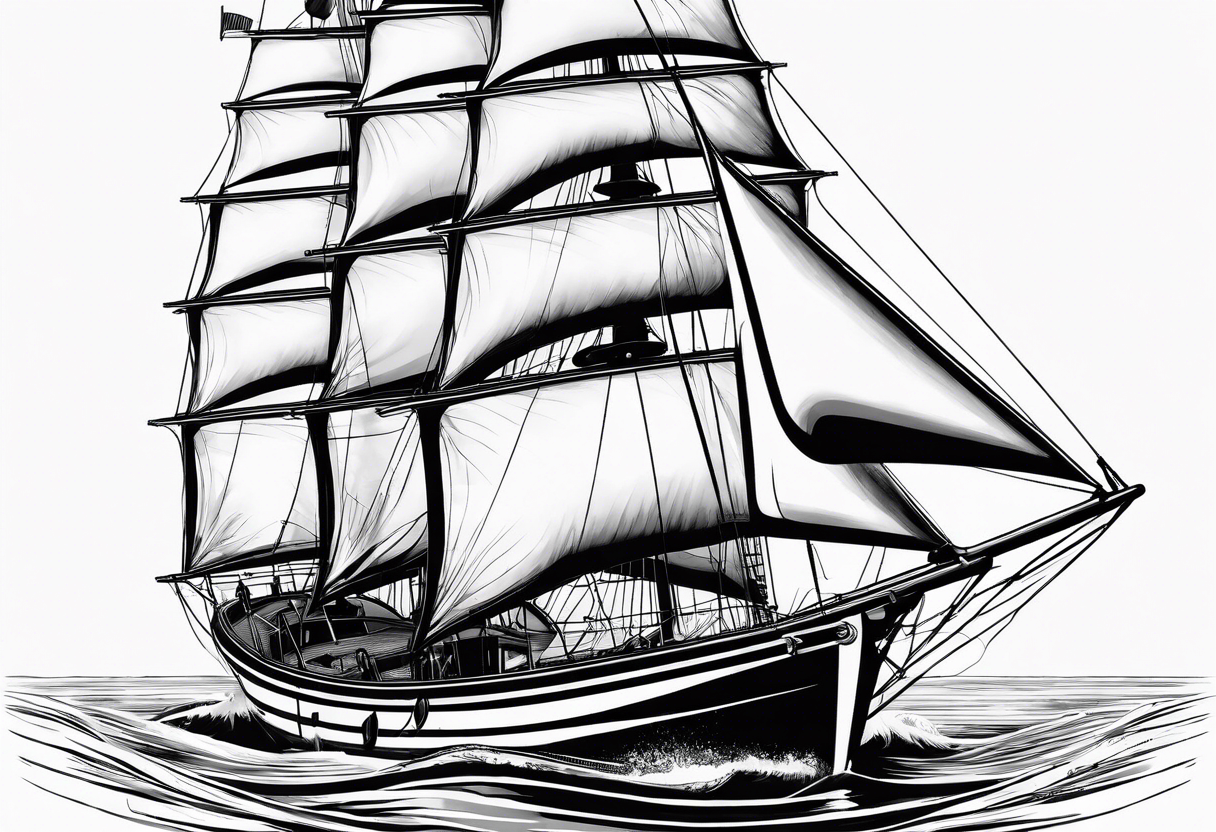 bow of a sailboat. 1 mast and 2 sails to windward. one of the 2 sails is half sail, half marine lighthouse. tattoo idea