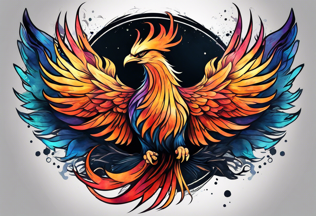 Long, skinny, rising phoenix against dark background tattoo idea