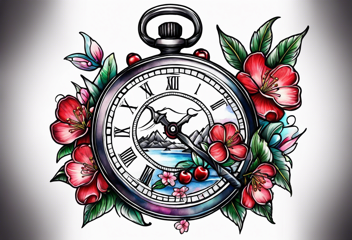 Stopwatch, sword and cherry bloom tattoo idea