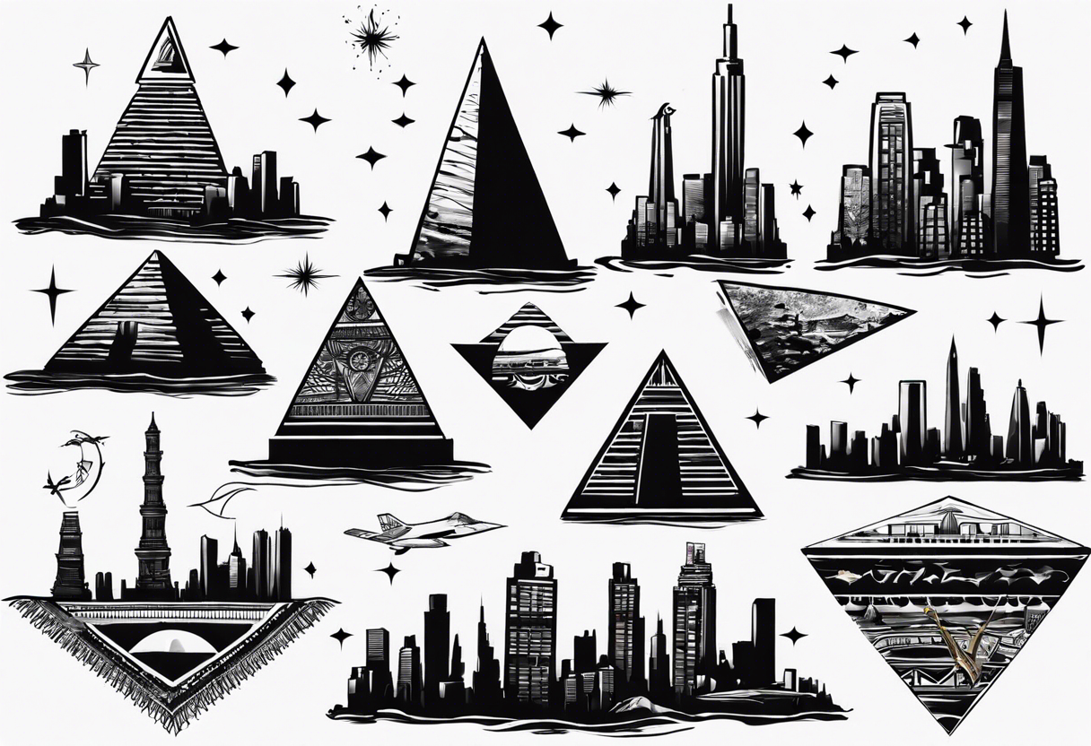 Manhattan skyline with egyptian pyramids tattoo idea