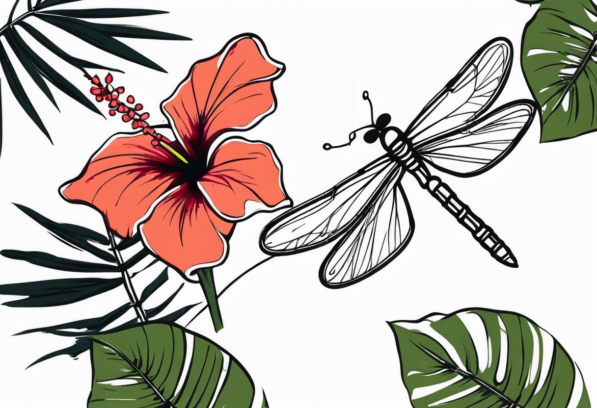 bamboo branch, monstera leaf, hibiscus flower, small barbed wire dragonfly tattoo idea