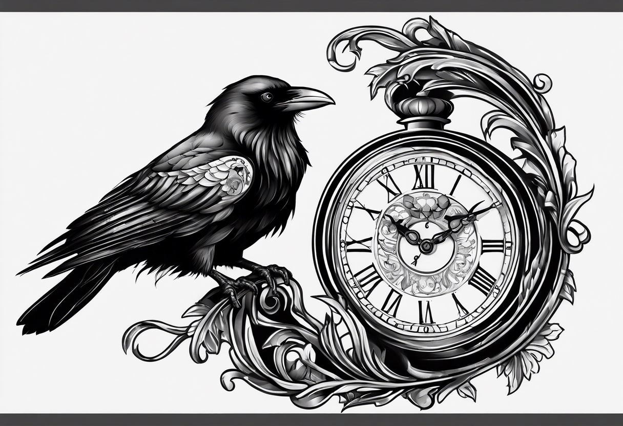 raven perched on clock tattoo idea