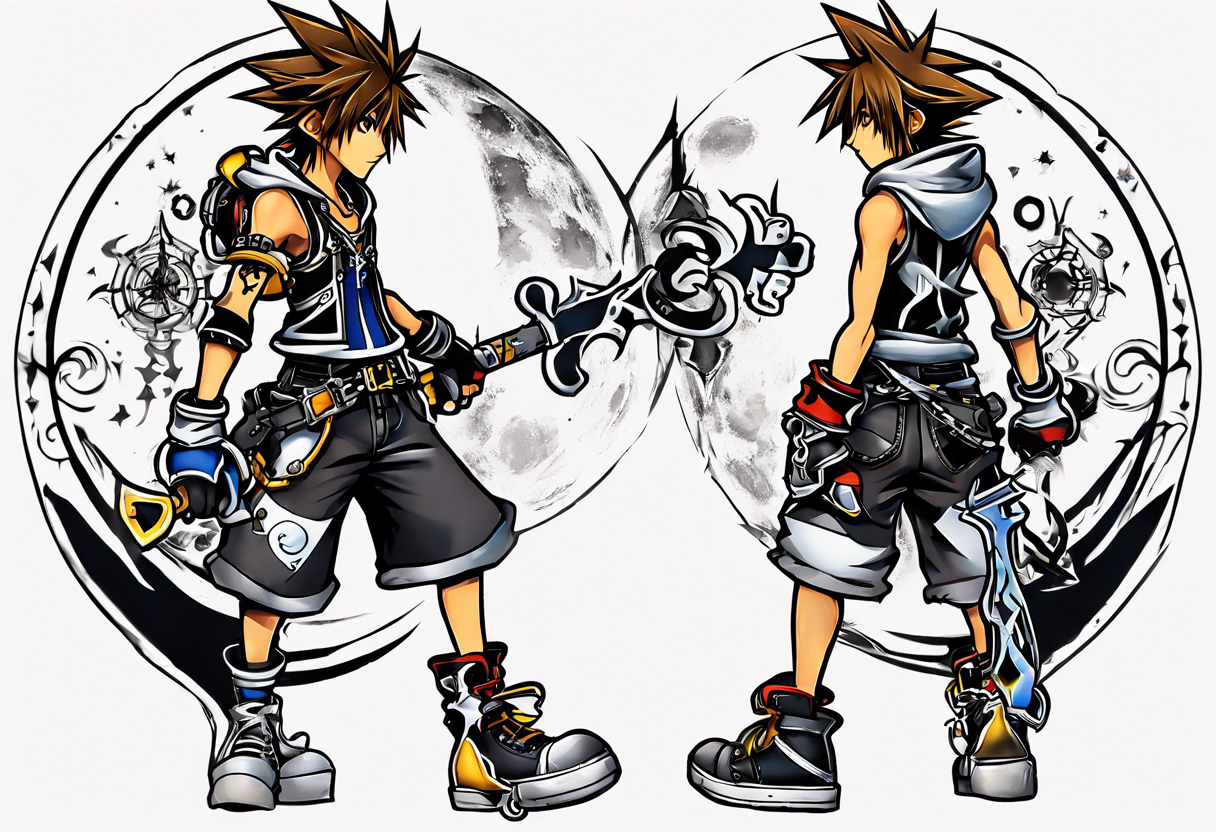 sora from kingdom hearts, weilding sora’s keyblade, silhouette of sora in the background against the moon, sora full body frontal, bicep tattoo, forearm tattoo, neotraditional style tattoo idea