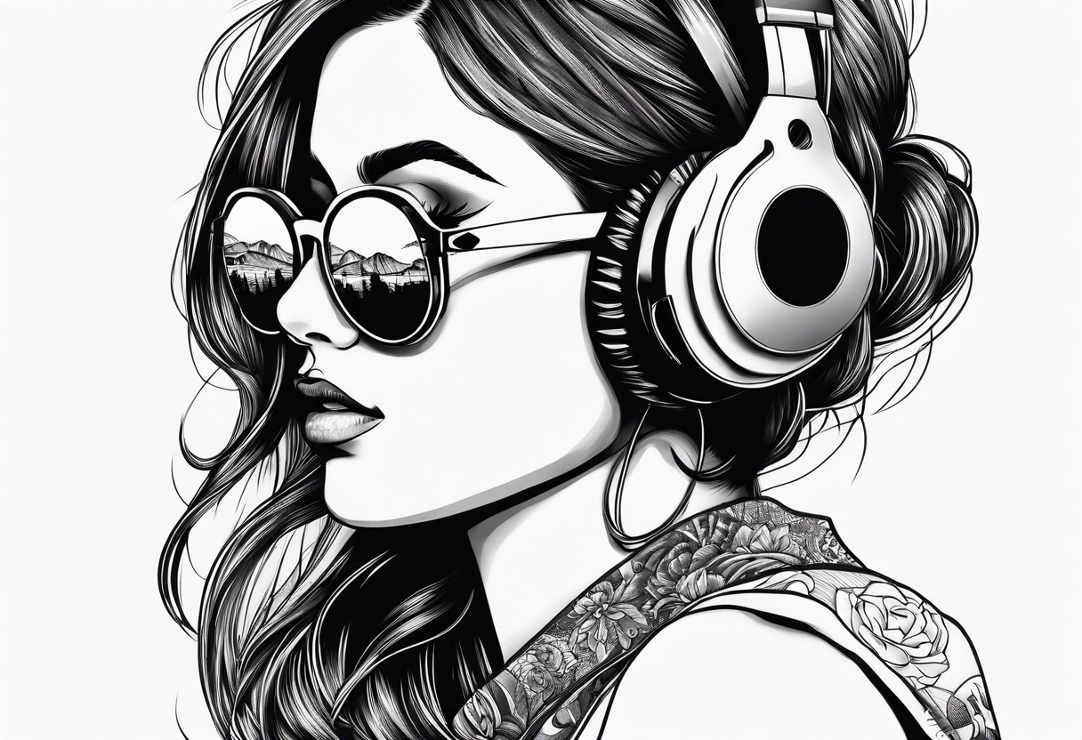 Hipster girl with round sunglasses listening to a tape tattoo idea