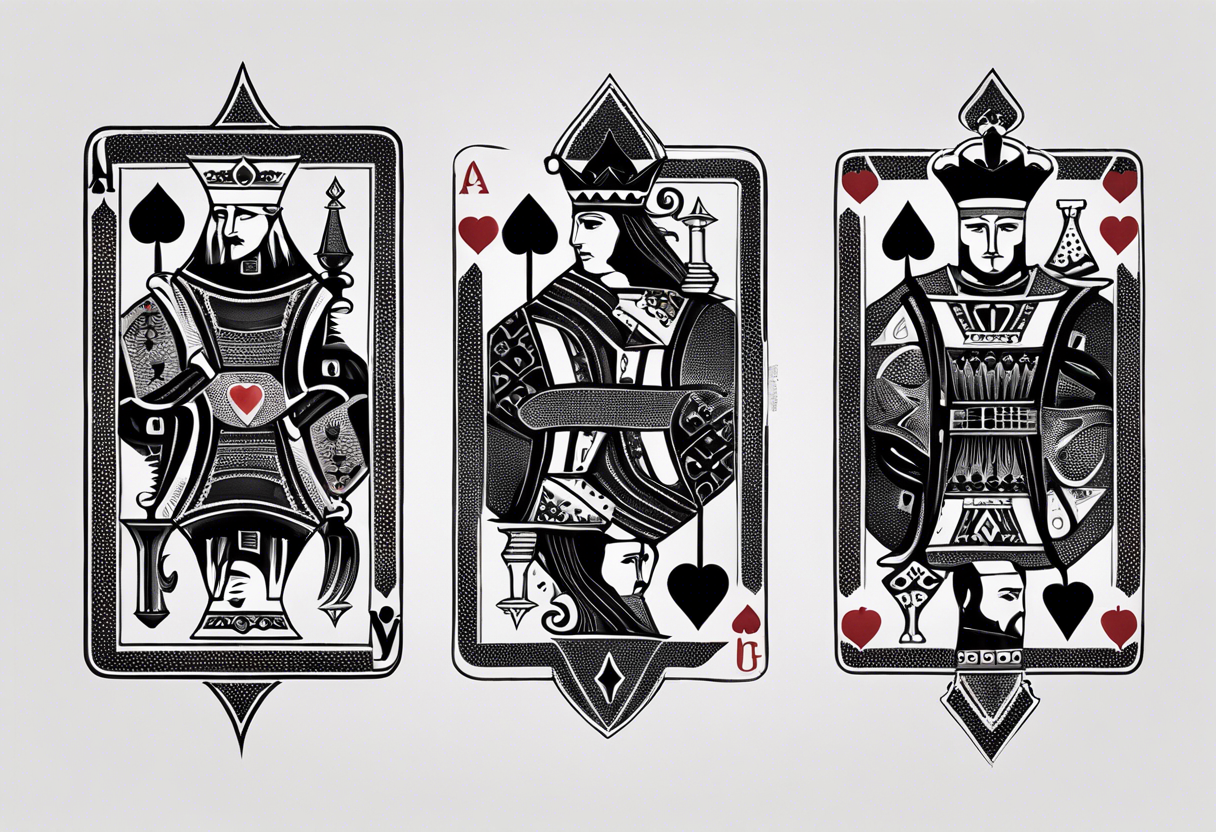 one combined tatto in minimalistic style with icon style three king of spades and icon style one queen of hearts. extreme minimalstic and few lines. much more minimalistic and fewer lines tattoo idea