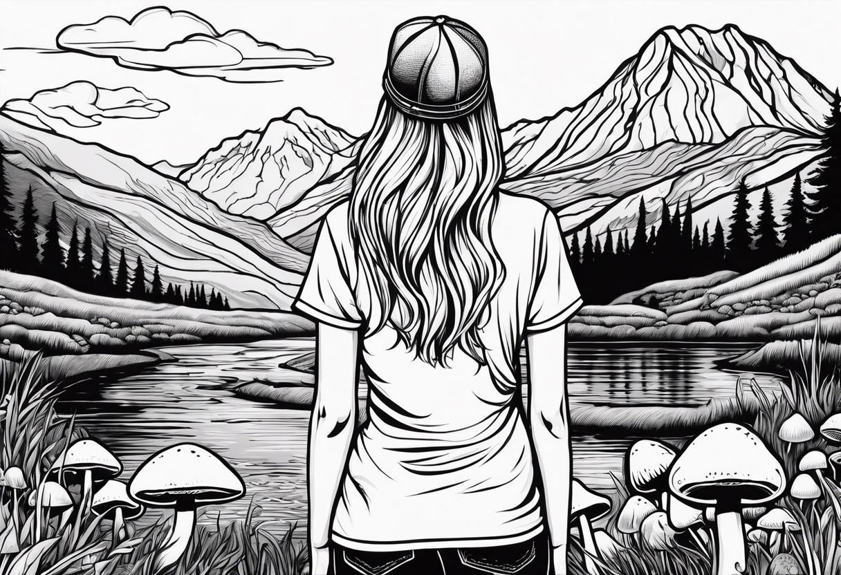 Straight long blonde hair hippie girl in distance holding mushrooms in hand facing away toward mountains and creek surrounded by mushrooms tee shirt hiking pants

Circular picture tattoo idea