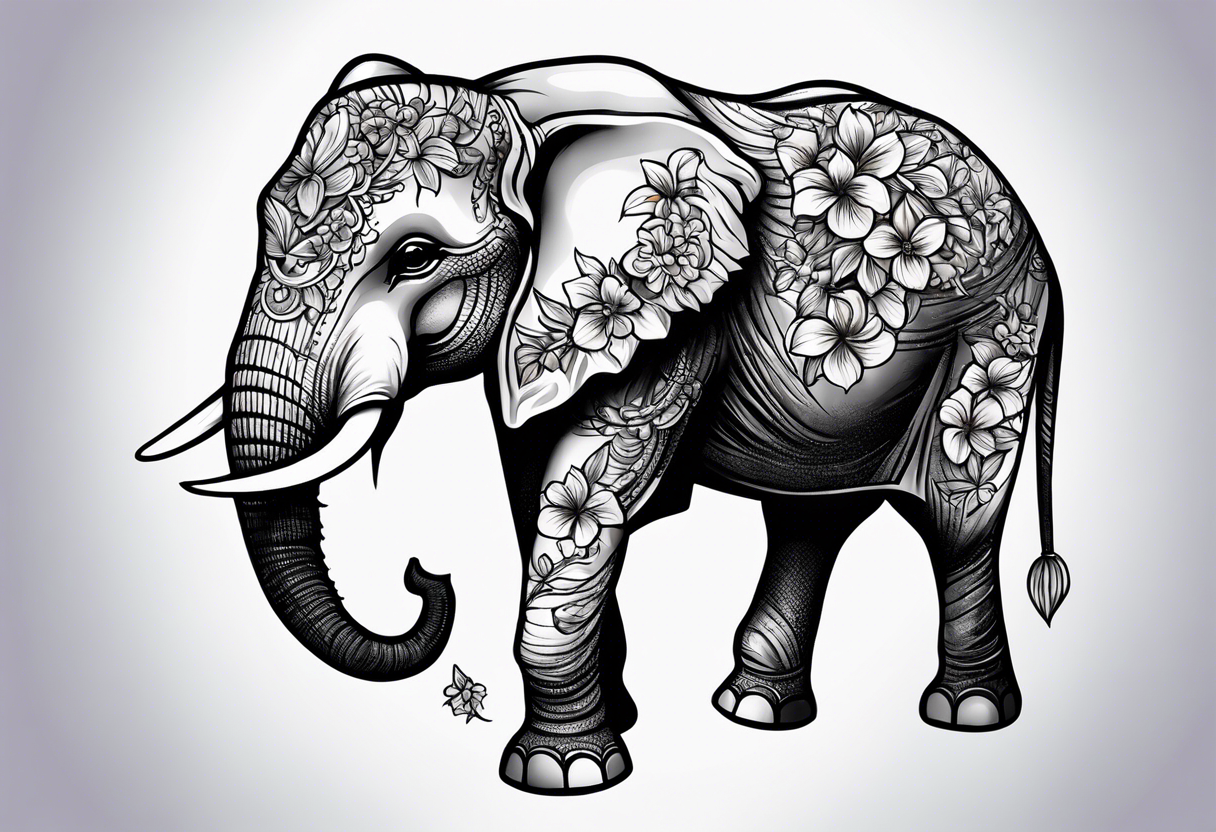 Seated elephant with raised trunk holding lilacs tattoo idea