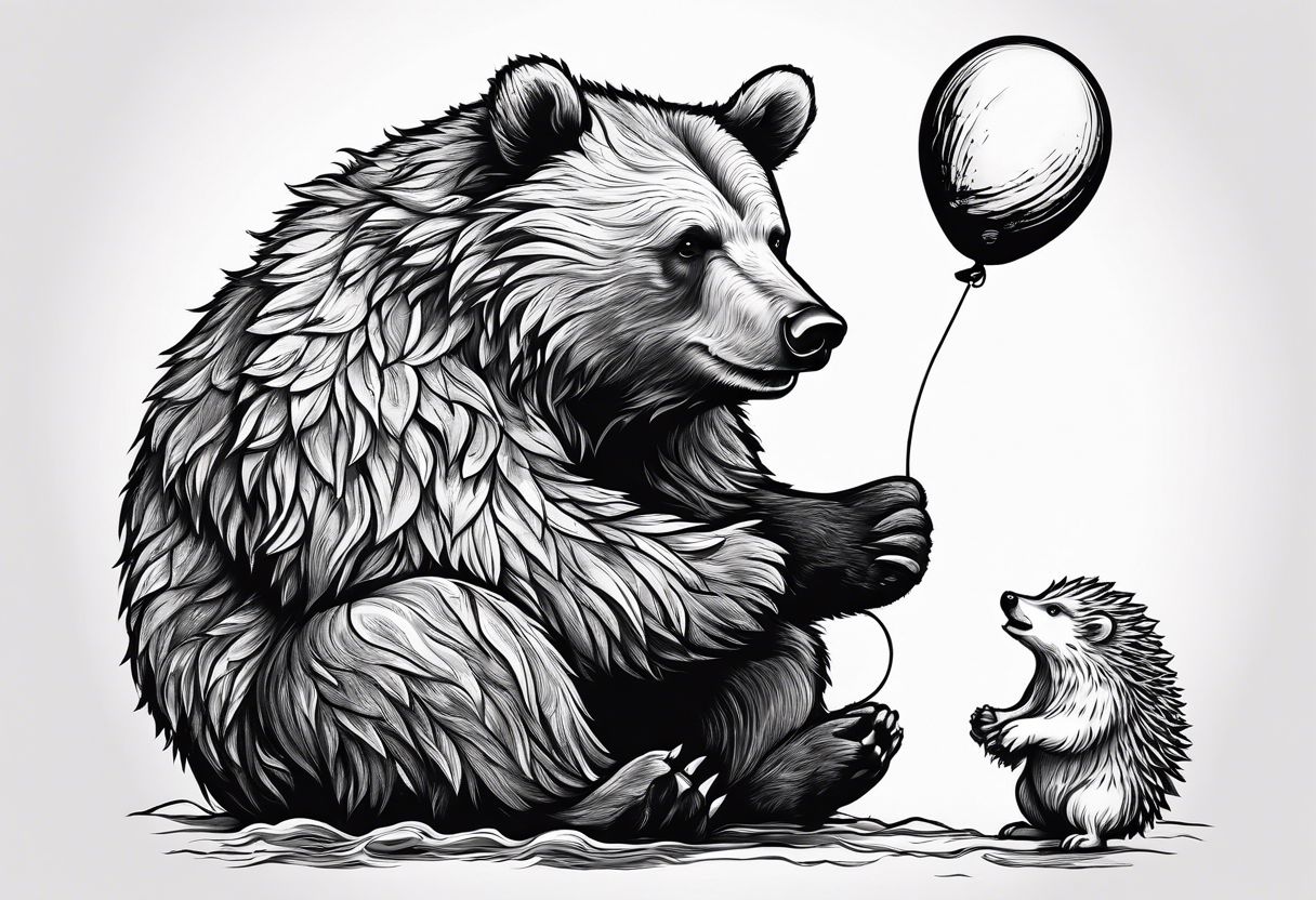 a big growling bear and a tiny hedgehog that stands hand has a balloon is his hands
 together. tattoo idea