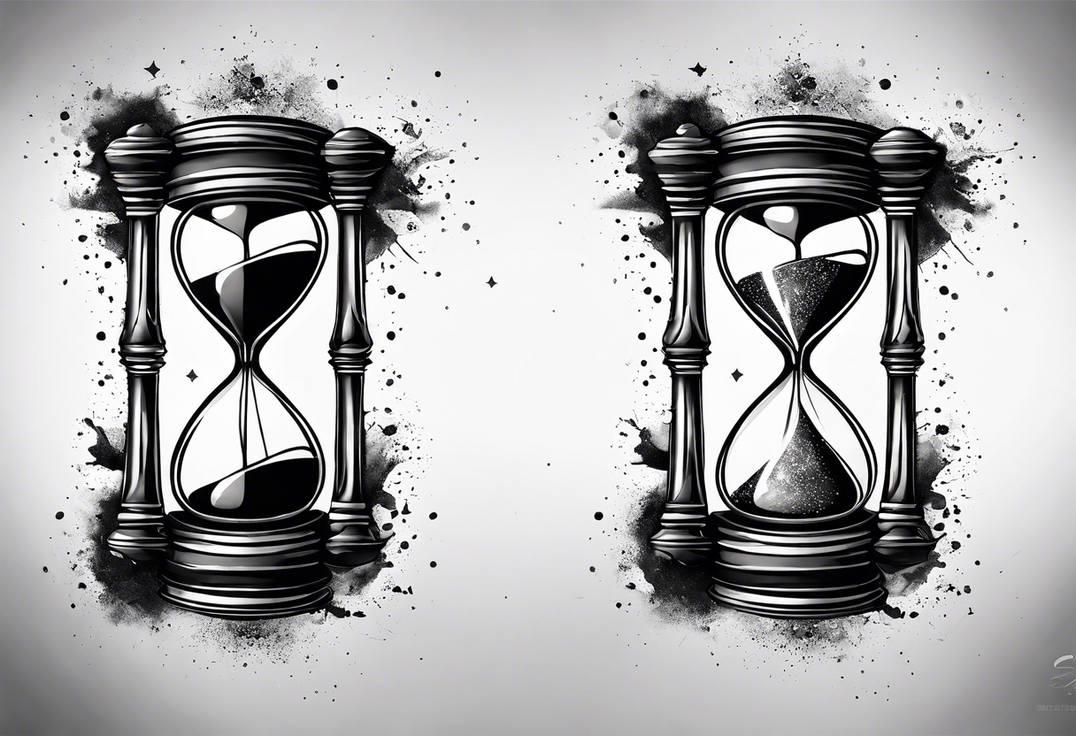 Hourglass, cosmic dust exploding from the top and bottom of the hourglass. Long tattoo to fit on the forearm, masculine, minimalist tattoo idea