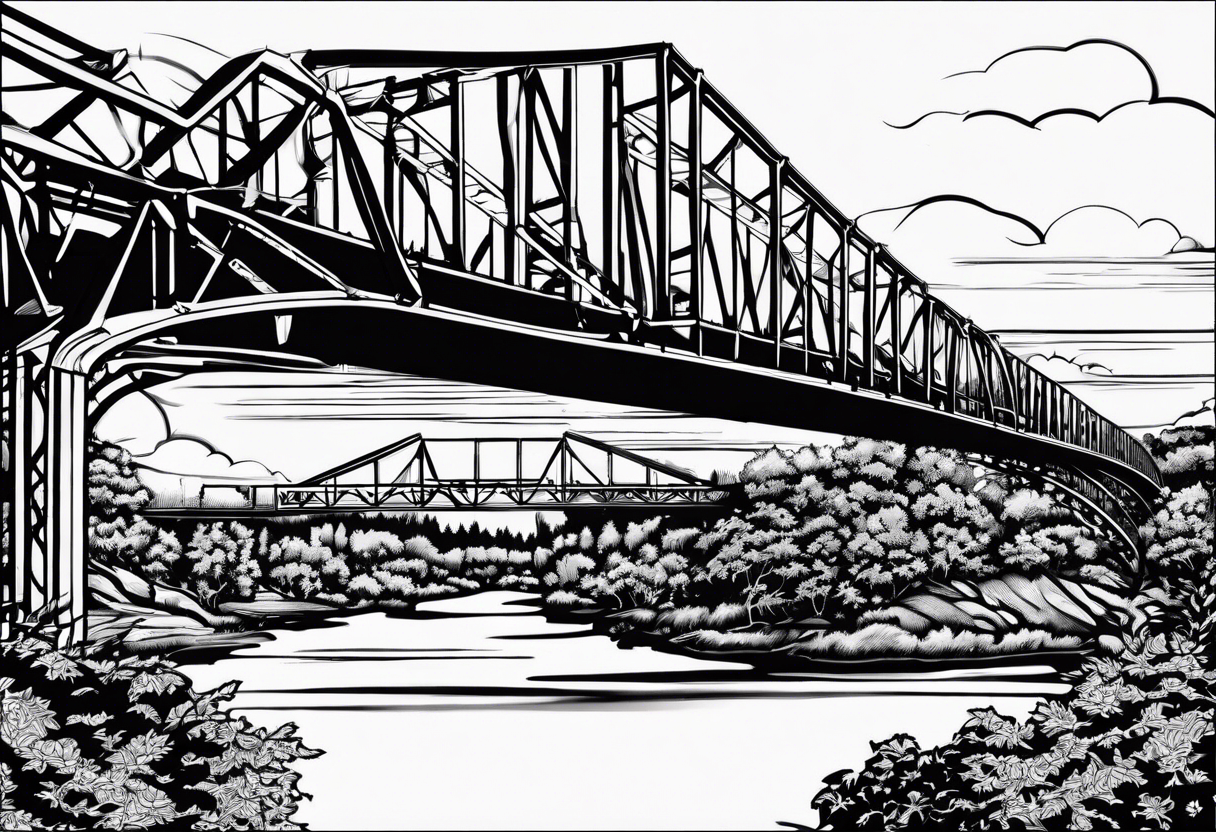 simple line art, view from under steel truss cantilever bridge tattoo idea