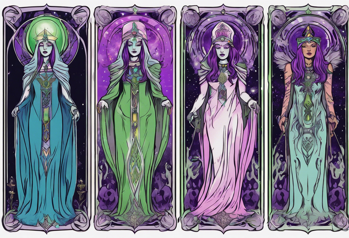 high priestess tarot card purple green blue pink tattoo idea