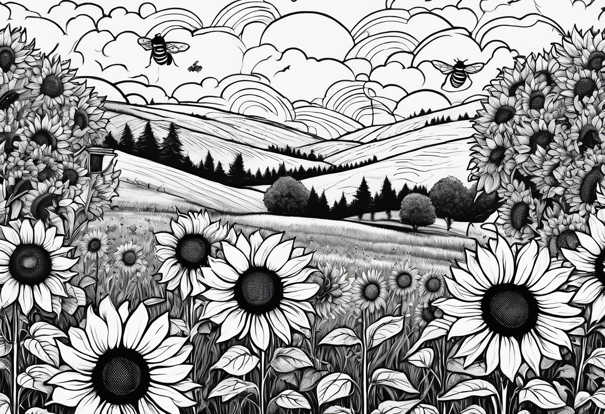 dreamy sunflower meadow valley with two large bumble bees occupying the sky with perfect cumulous clouds tattoo idea