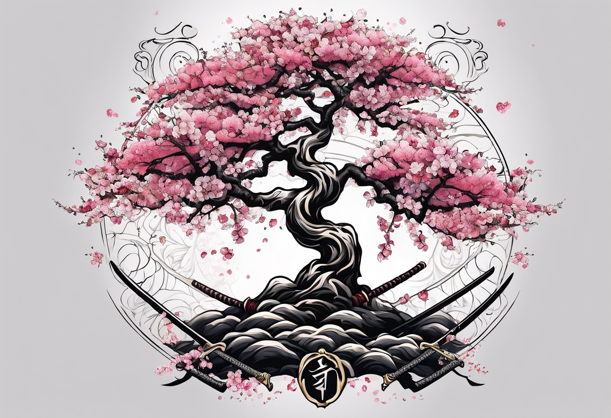 Japanese cherry tree with a katana laying against it tattoo idea