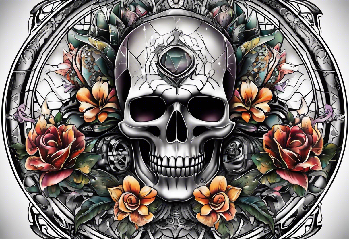 H.R. Giger tattoo with realistic evil skull, various flowers, geometric shapes, water and fall colors tattoo idea