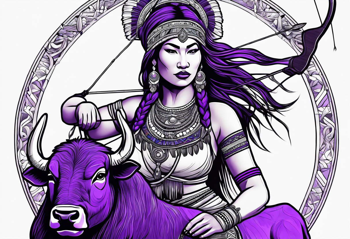 native woman female archer with bead headband sitting on a purple buffalo, show the buffalo standing still tattoo idea