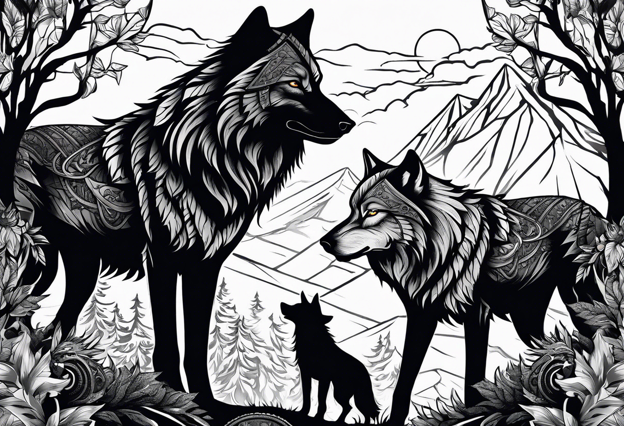 Halbes Gesicht eines Wolfes
Mit Keltischen Zeichen
Im Hintergrund Wald und Berge
Fenrir tattoo idea