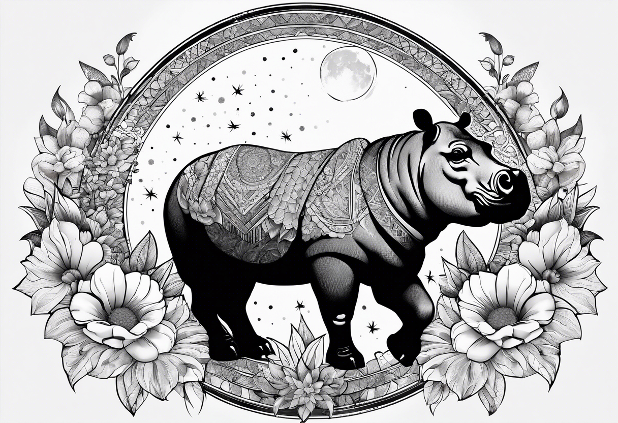 Hippo, flowers, moon, fine lines, tribal, geometric tattoo idea