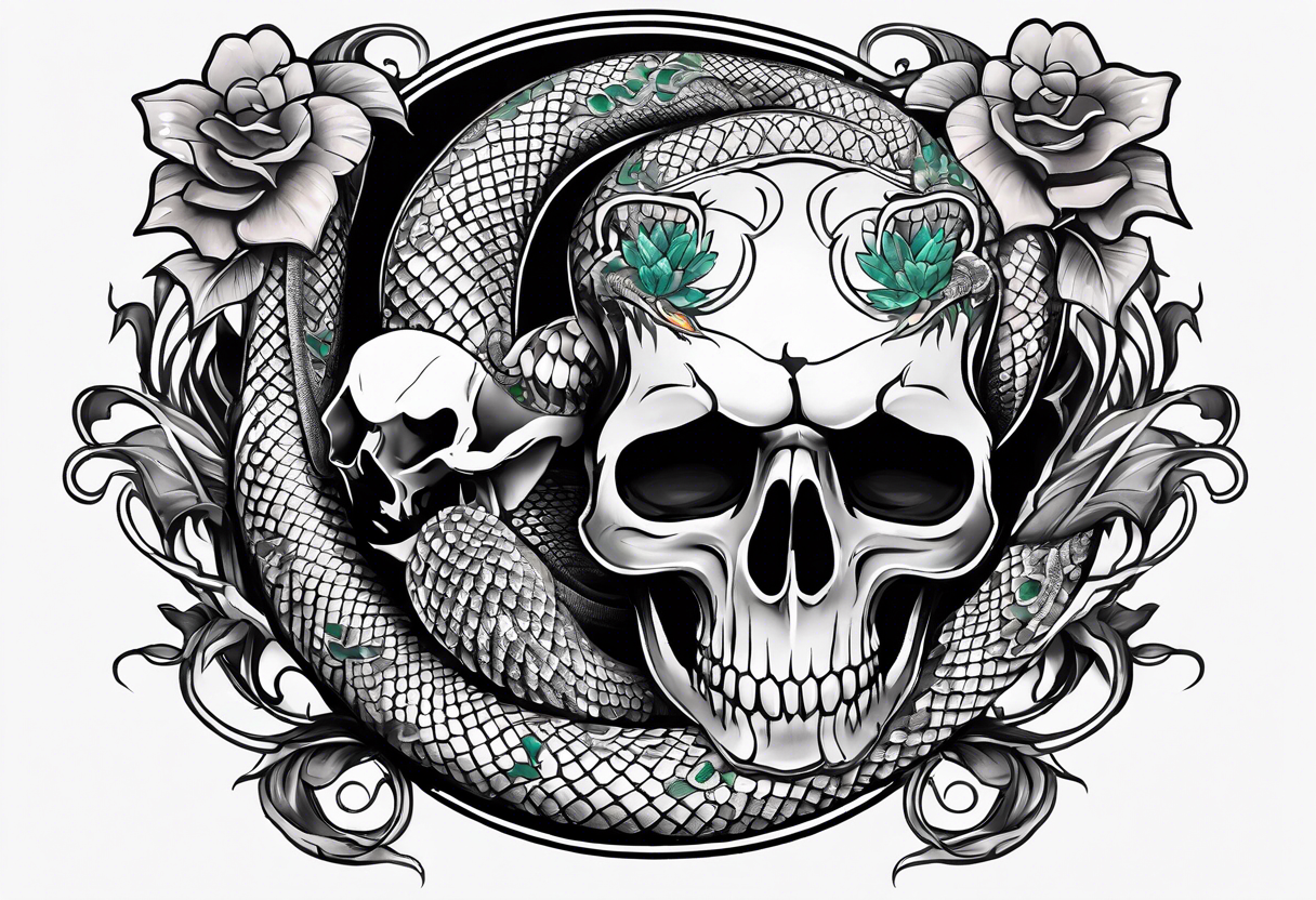 snake sleeve tattoo with skull, snake as focal point, with the word Hydra on it tattoo idea