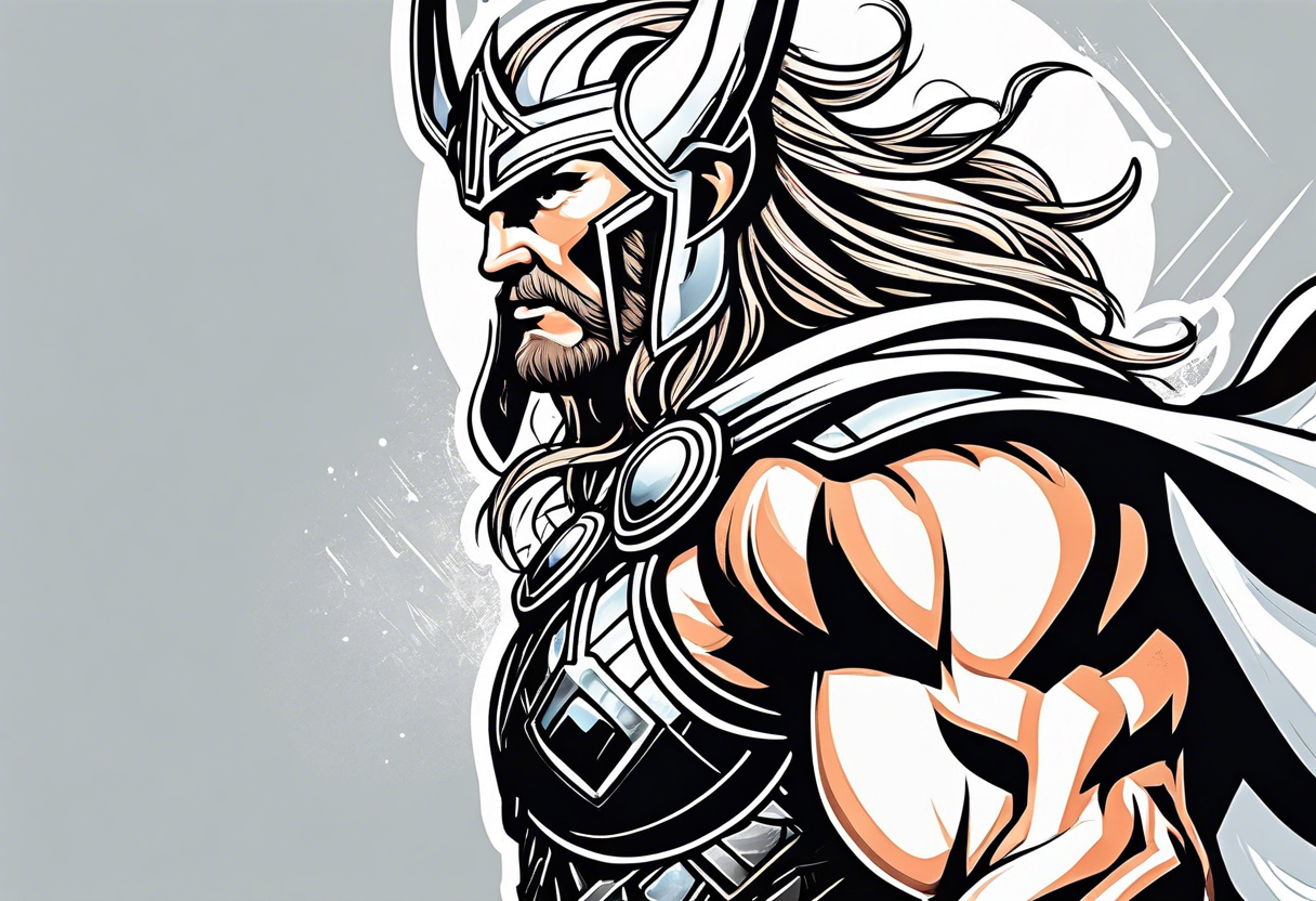 The Mighty Thor not so muscular profile with Mjolnir with the entire design shown tattoo idea