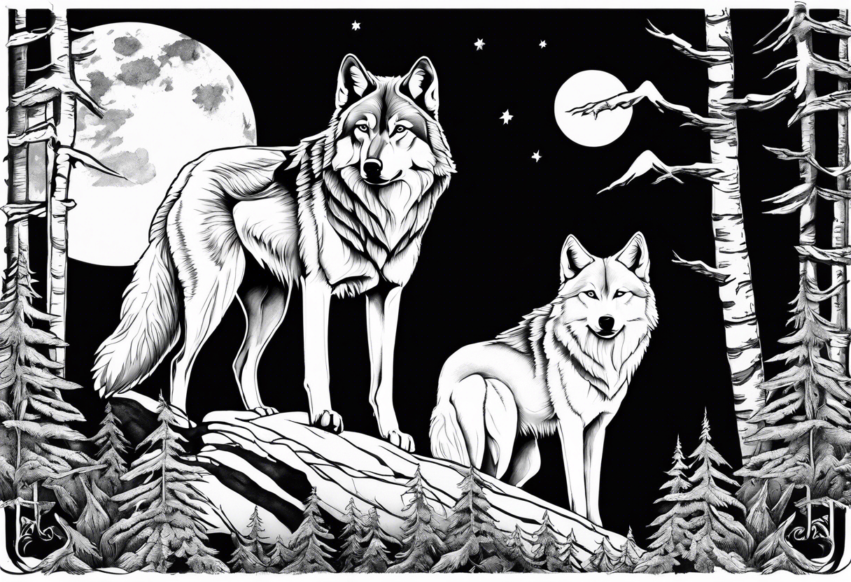 Mountain peaks
Two wolves sitting at end of trail
Moon
Dark woods tattoo idea