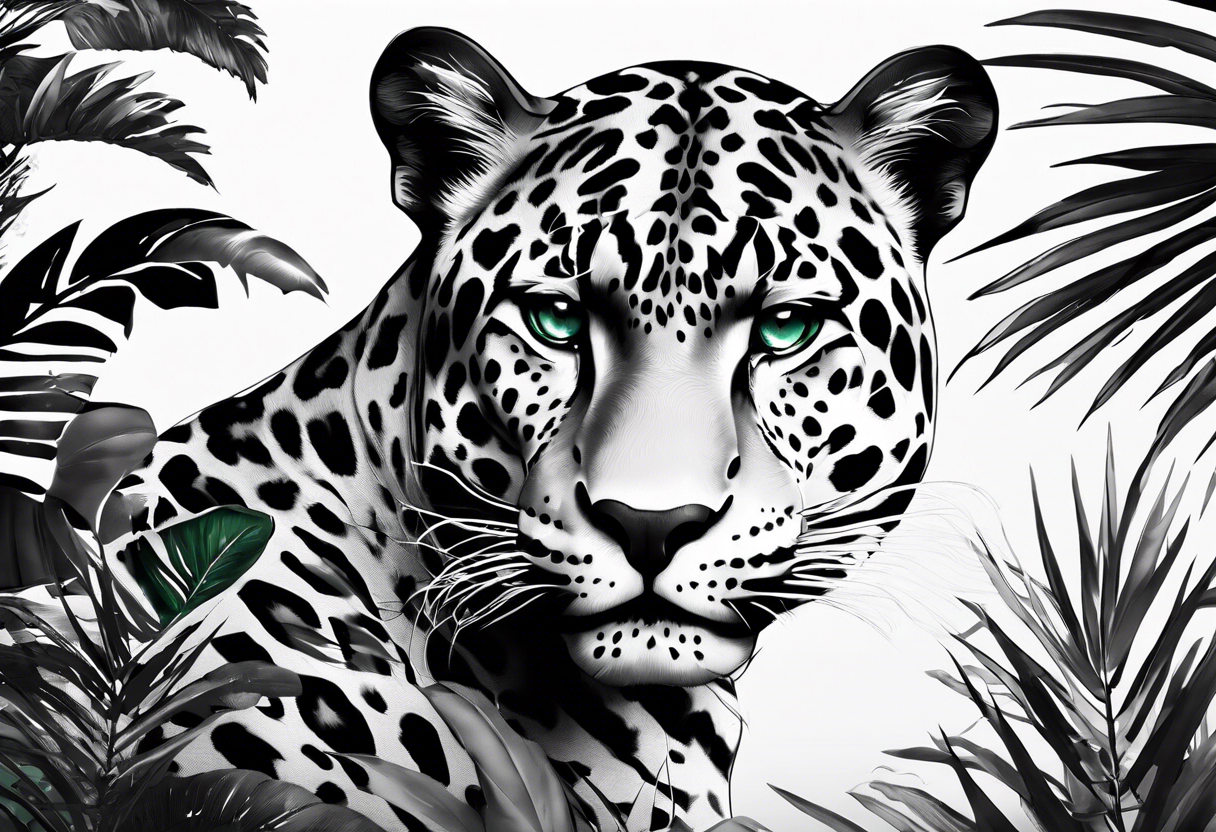 Create and black and grey realistic jaguar walking toward you with rainforest background for a forearm tattoo. Have the jaguars eye colored with emerald green and mouth open tattoo idea