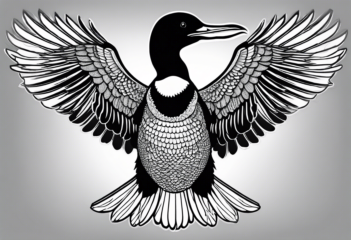 A loon with its wings spread looking badass and tough. Should be designed for on the thigh tattoo idea