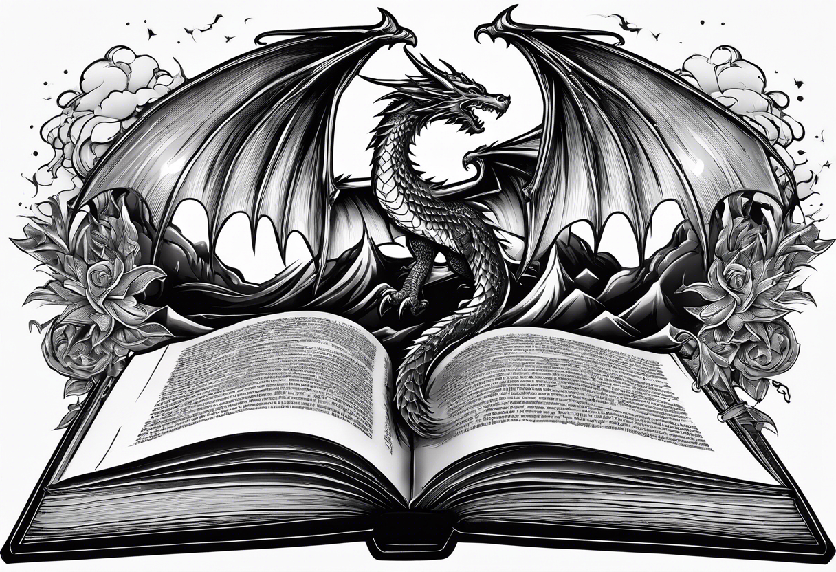 an empty open book with a sword through it, dragonwings and sparks surrounding the book. tattoo idea