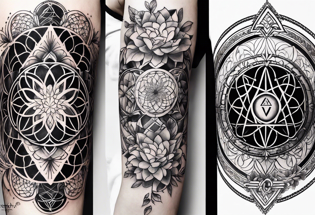 sleeve tattoo for women with symbols of sacred geometry: Metatron's cube, Kabbalah tree of life, flower of life tattoo idea