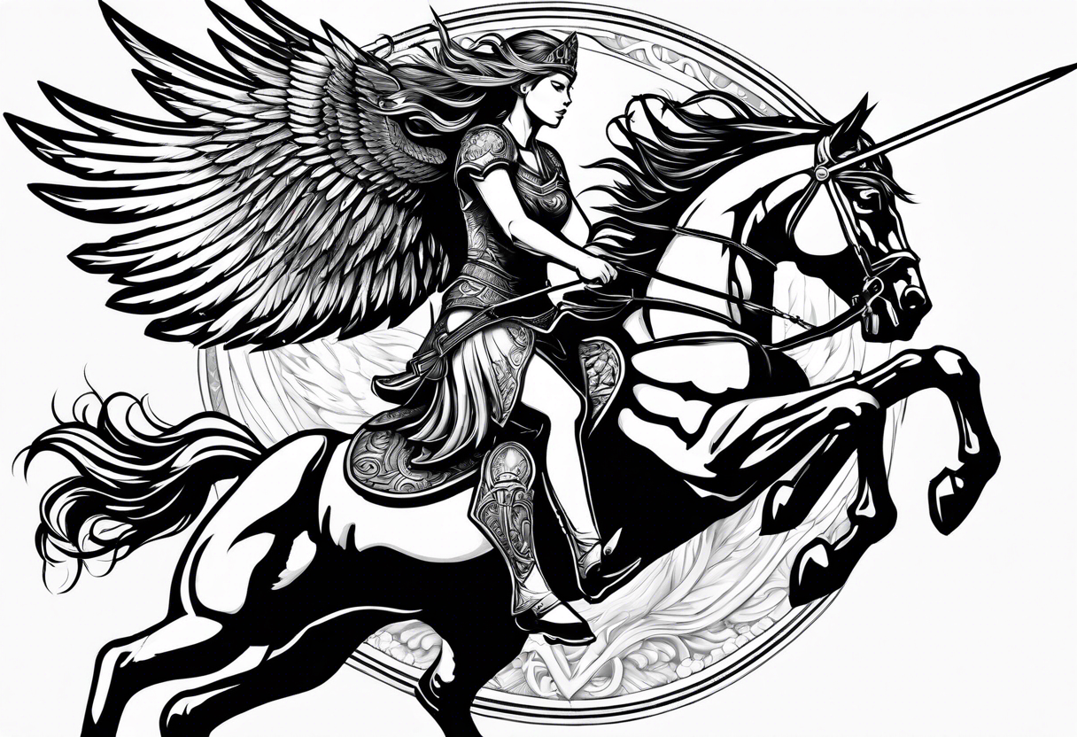 Valkyrie on winged Pegasus, flight, holding spear, looking down tattoo idea