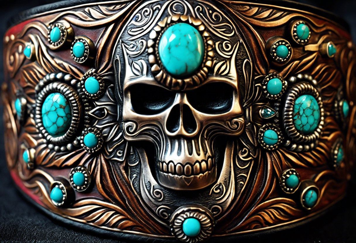 Leather Tooled Cuff Western Tattoo with turquoise Jewls a stock tag with G/L on it and the words "I do not and will not fear tomorrow because I feel as though today has been enough. tattoo idea