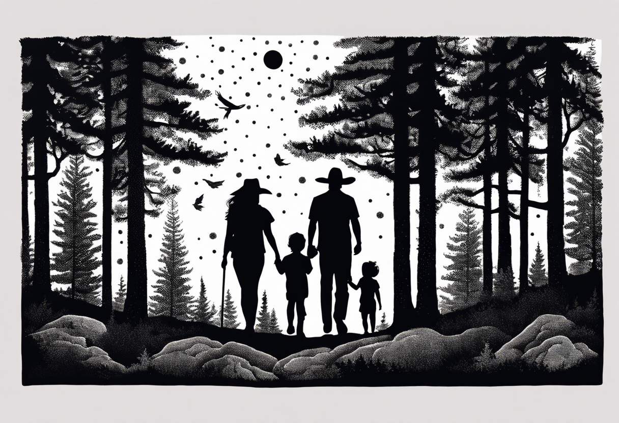 A shadow of a father and wife and young son and young daughter  of four walking through the Pacific Northwest Forrest. Mexican art. Trust in God tattoo idea