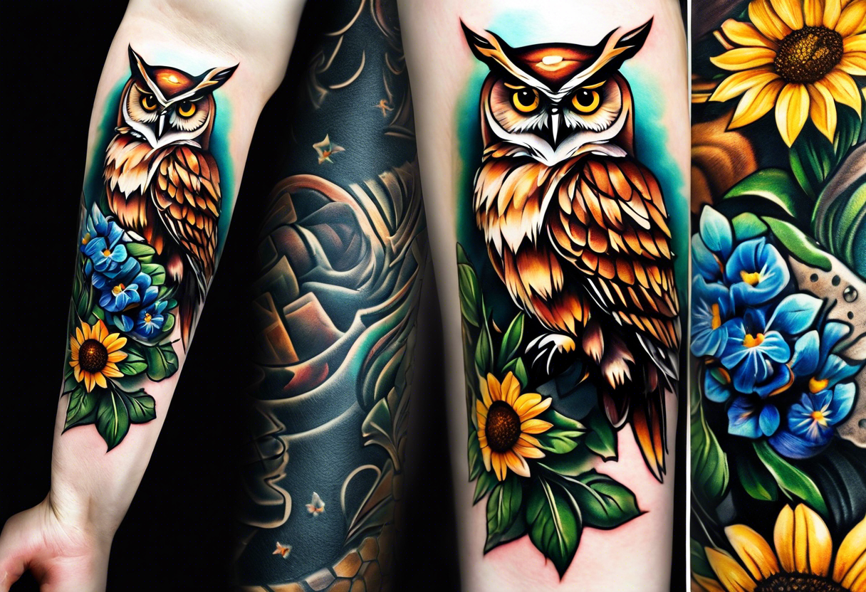 A lower forearm sleeve full colour mandala flowers, and owl, bees