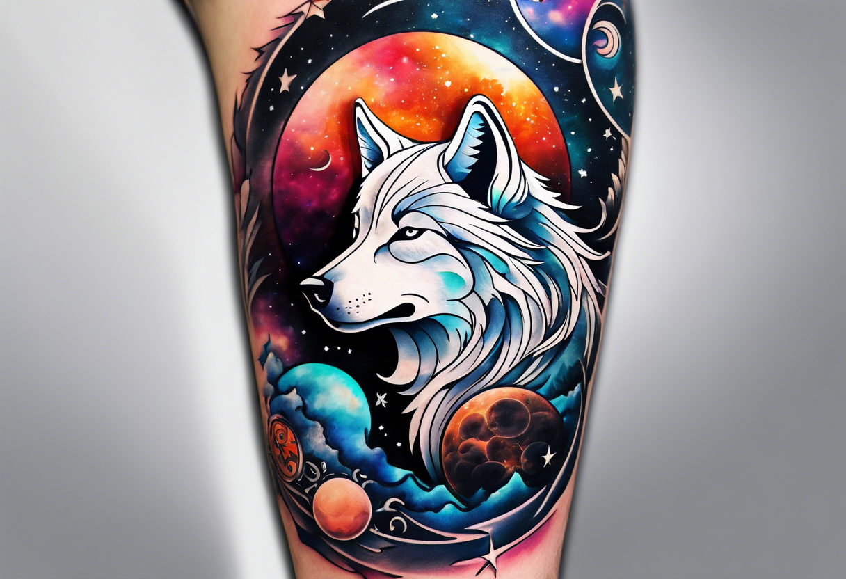 a tattoo sleeve with: A yin yang, A compass, A geometric wolf, A galaxy scene with planets and stars. tattoo idea