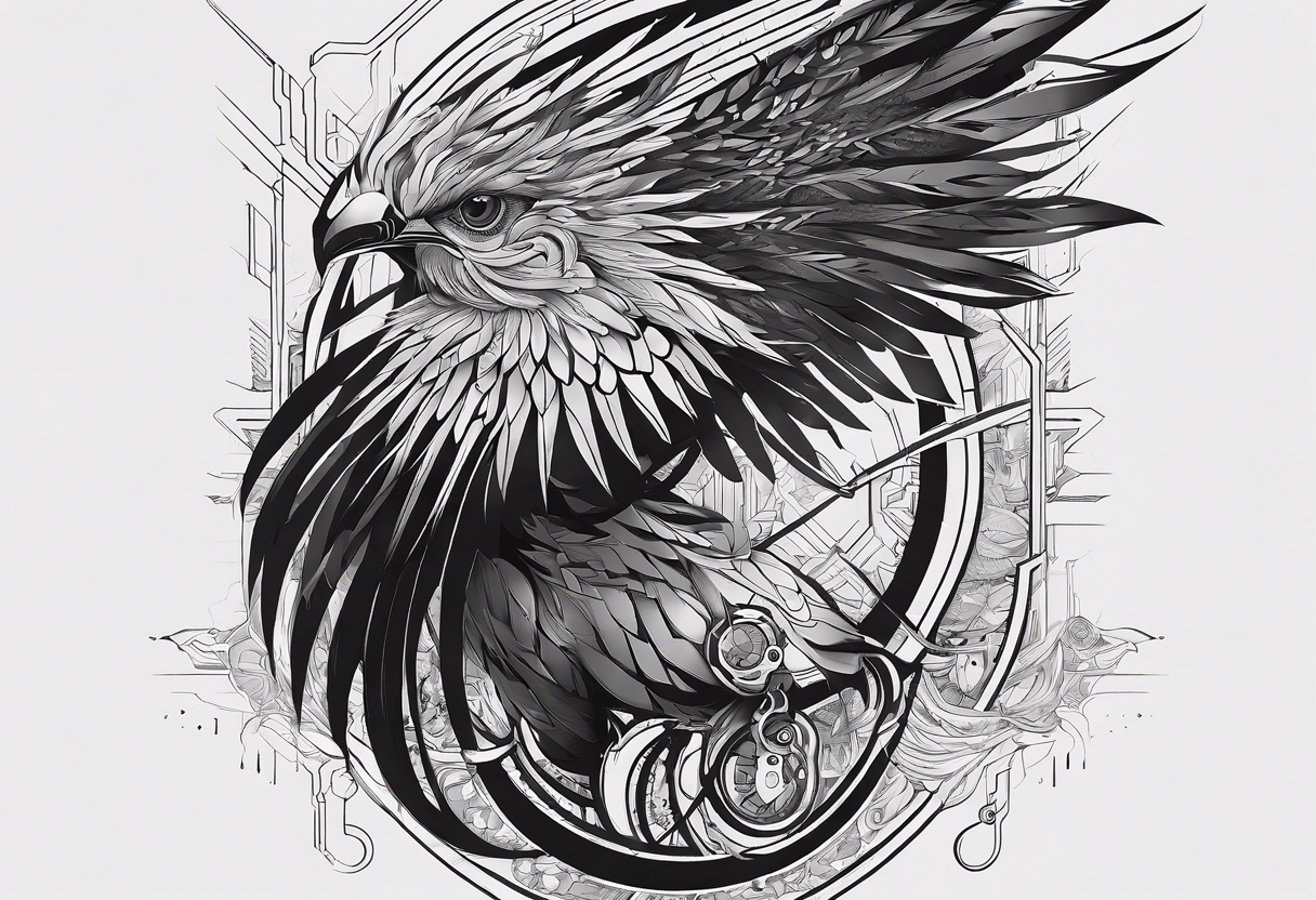 Minimalistic design Cyberpunk Quetzal that has cybernetic neurons coming from the bottom. tattoo idea