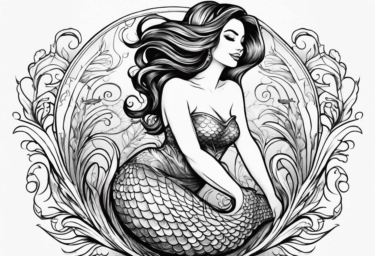 Mermaid full body, curvy, one arm up in the air, smiling tattoo idea