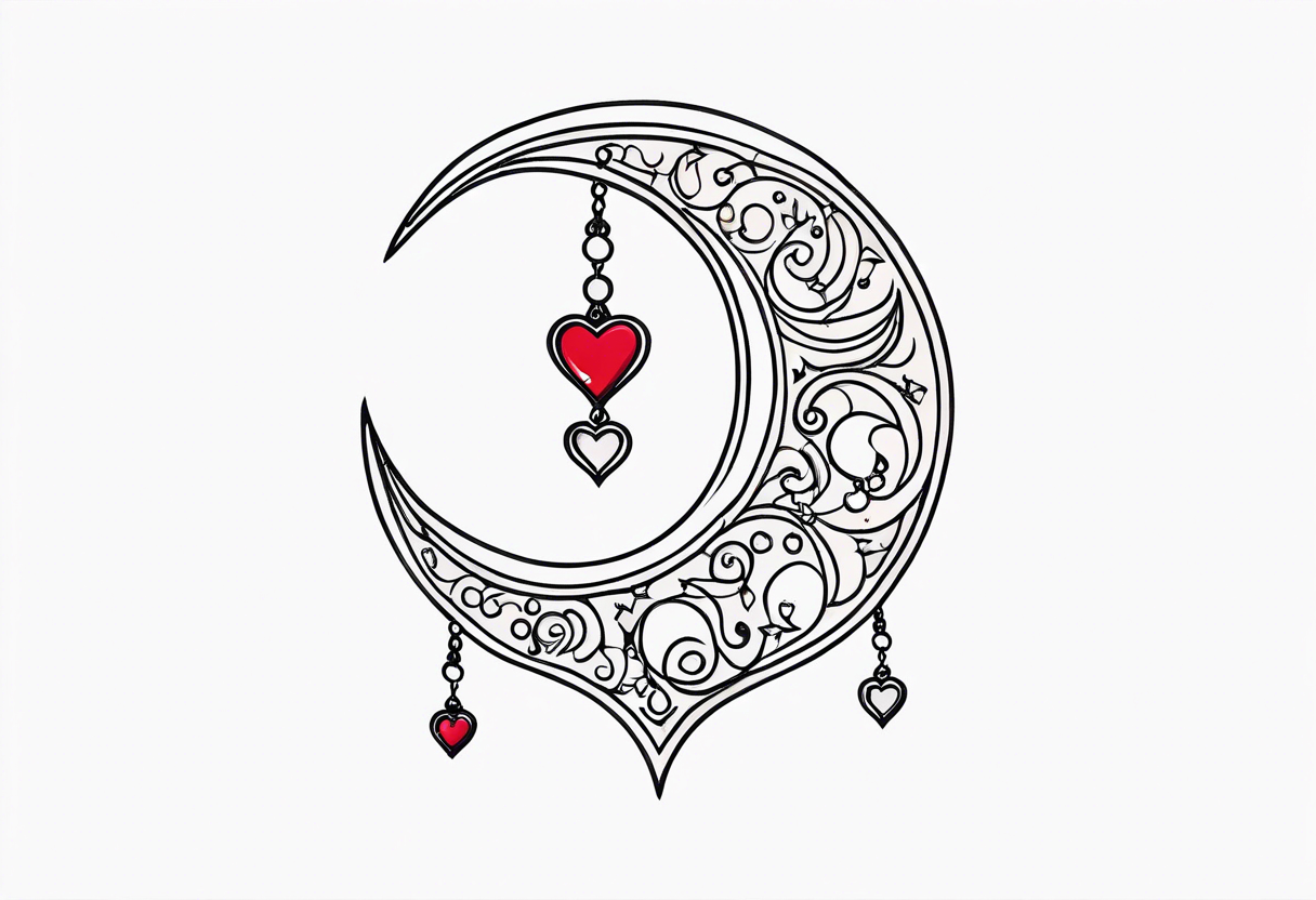 Crescent moon with heart shaped jewels dangling from the bottom of it tattoo idea