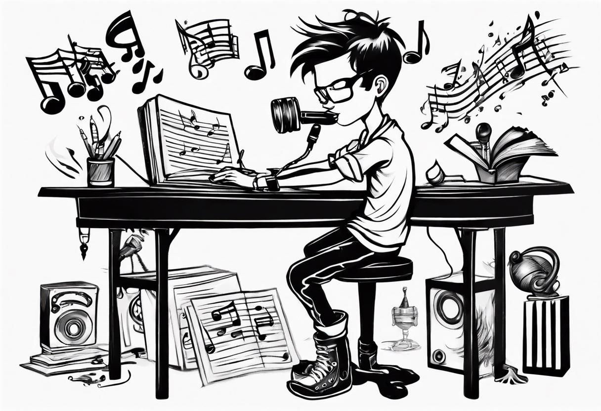 boy sitting at desk humming music tattoo idea