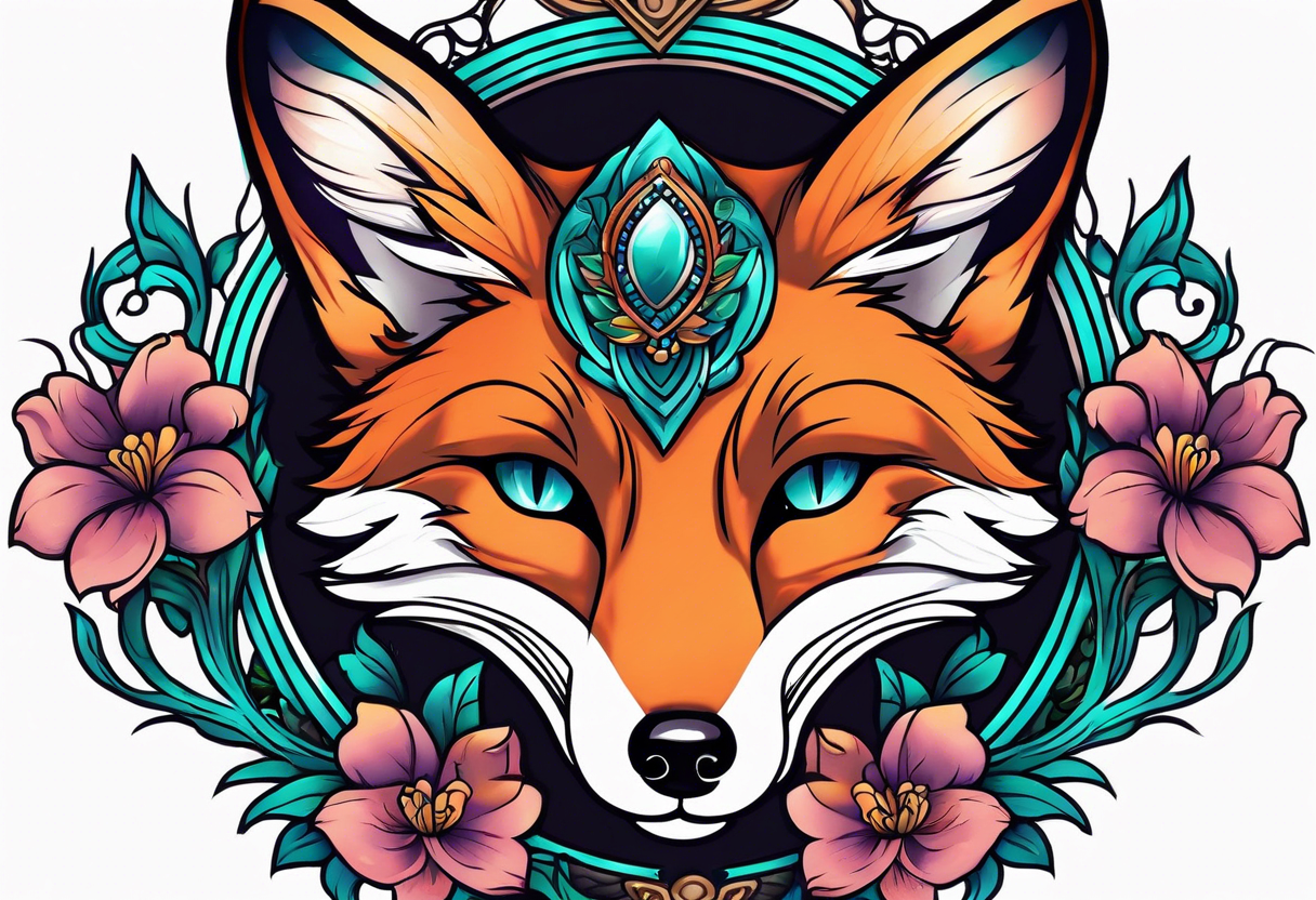 Neo traditional fox with violets and teal frame tattoo idea