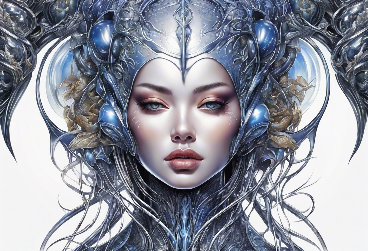 Hajime Sorayama type blended with HR Giger alien creatures with vines tattoo idea