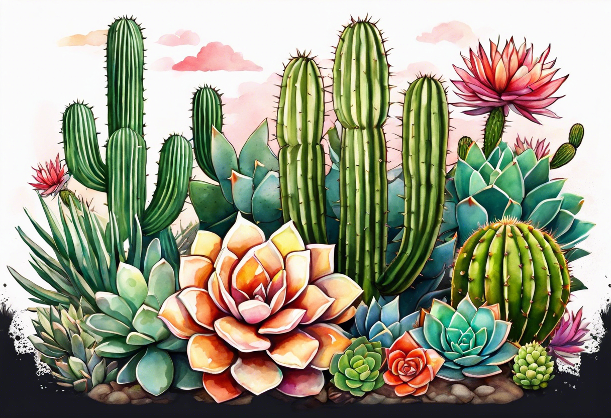 Modern Mexican style desert garden with cactus and small succulents add tiny moth flying tattoo idea