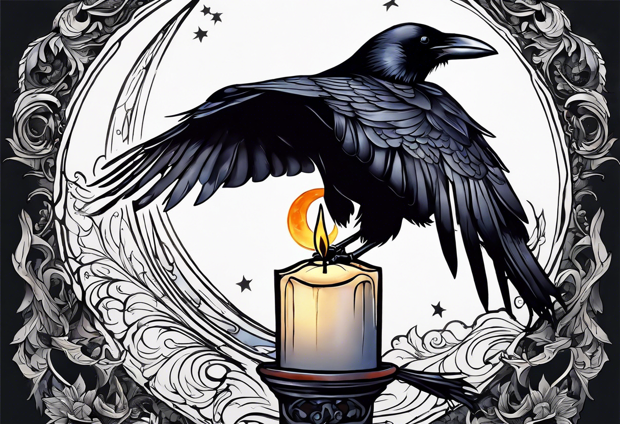 Crow with a candle mid flight with the crescent moon in the background tattoo idea