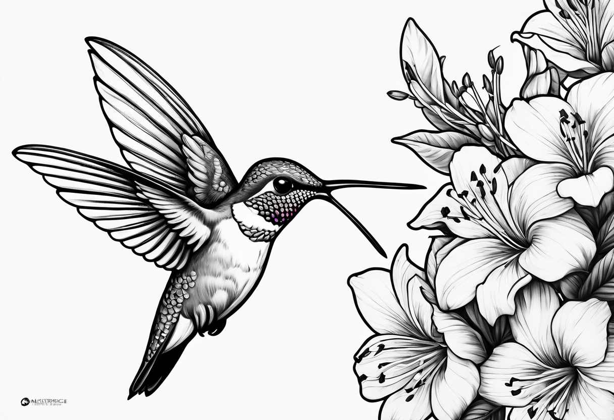 Hummingbird eating from azalea flowers tattoo idea